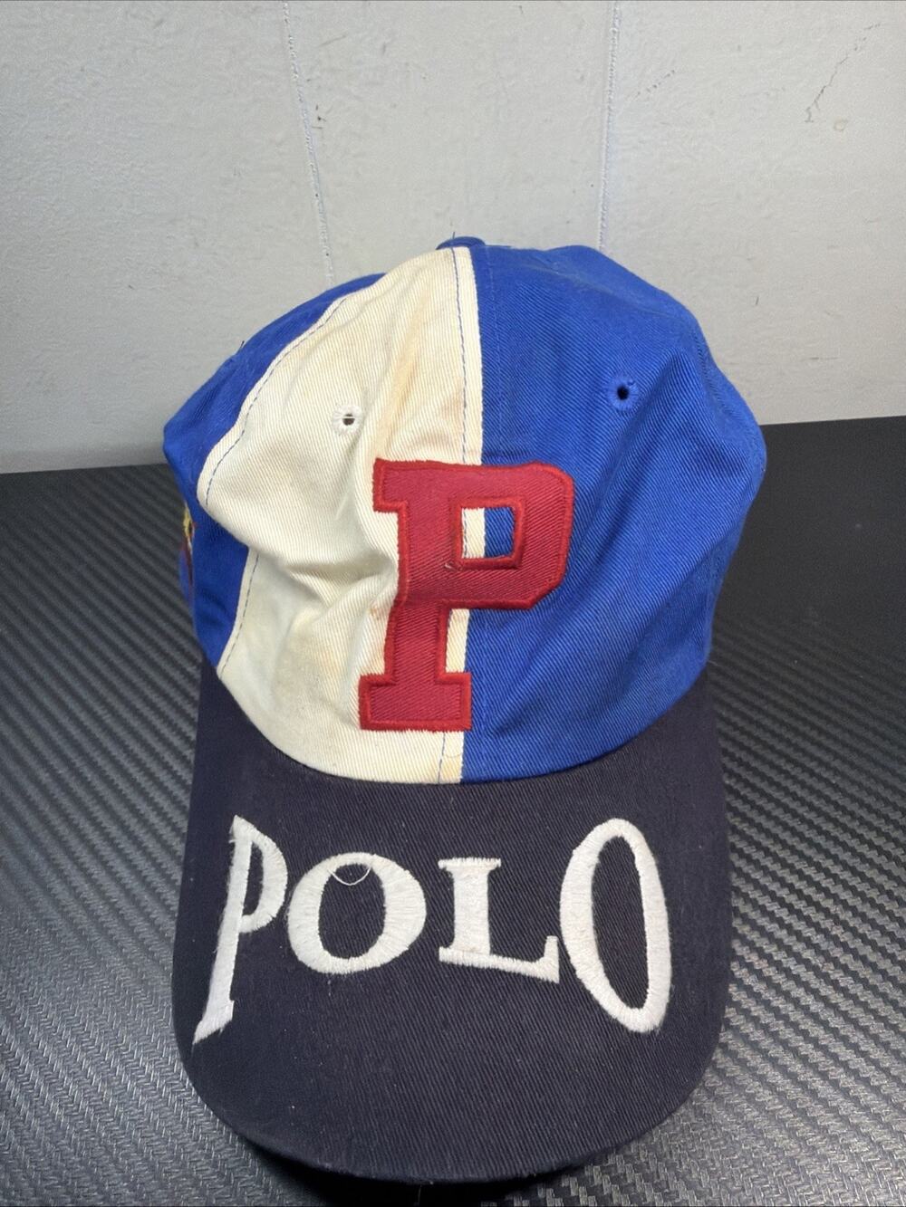 VINTAGE 90's POLO RALPH LAUREN RL-67 Split Cap Blue White Spellout Brim #60 R2